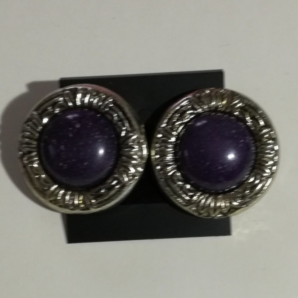 Antiqued Silver Tone Purple Stud Earrings - Picture 4 of 6